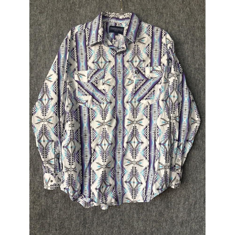 Panhandle Select Mens Aztec Western Pearl Snap Shirt Purple Turquoise Large